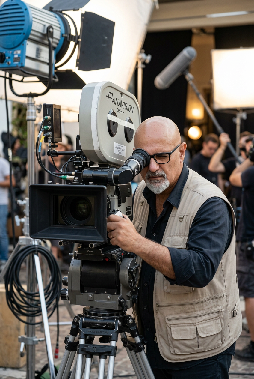 Edu Santoro operating a Panavision 35mm camera on a film set